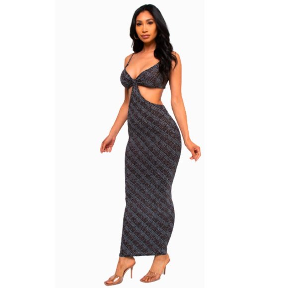 Elegant Maxi Dress Greek Key Pattern Glittering Spaghetti Cut Out - Picture 4 of 5